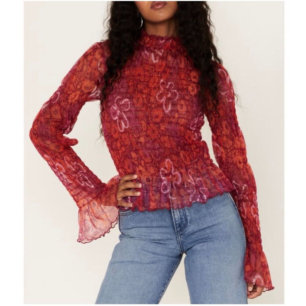 NWOT Free People Hello There Ruffled Sheer Mesh Top Red Pink Orange Abstract XS